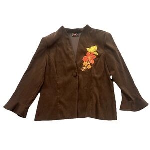 Vintage R&K Originals Blazer Jacket Womens Brown Floral Embroidered Bell Sleeve